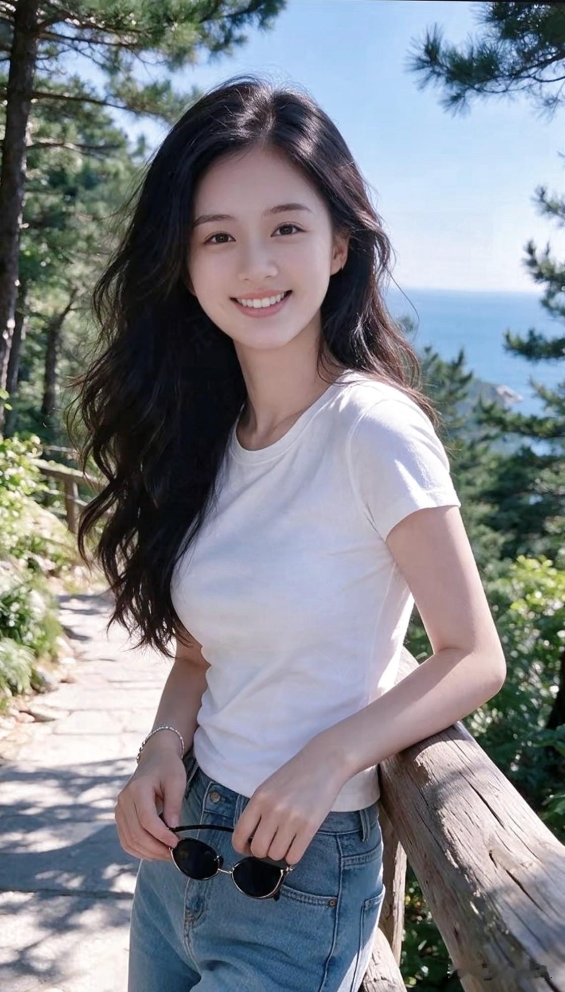 松林摇曳，碧海无垠，在山海之间，遇见自在的自己。少女风写真分享你的随手拍分享