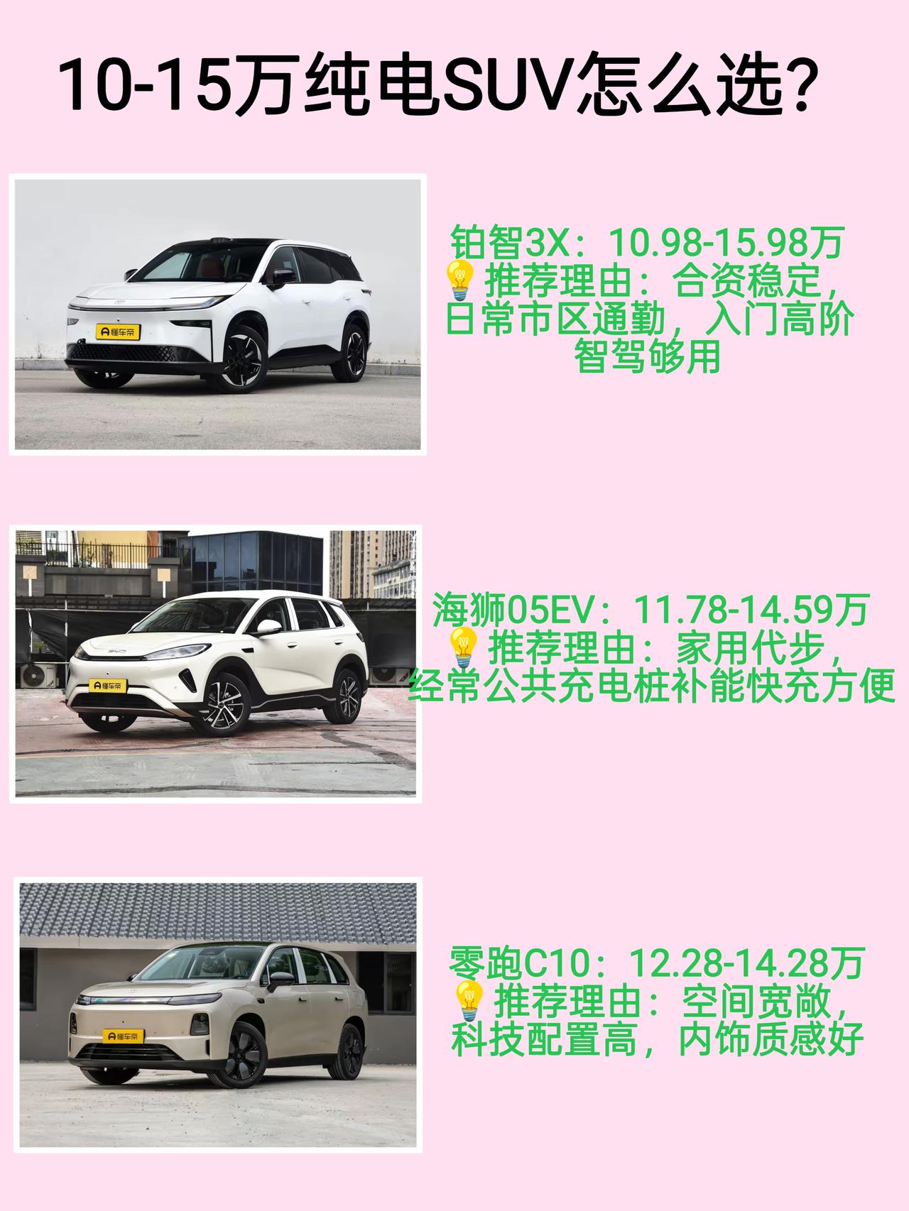 10-15万选台家用纯电SUV，一定绕不开铂智3X，海狮05EV和零跑C10这三