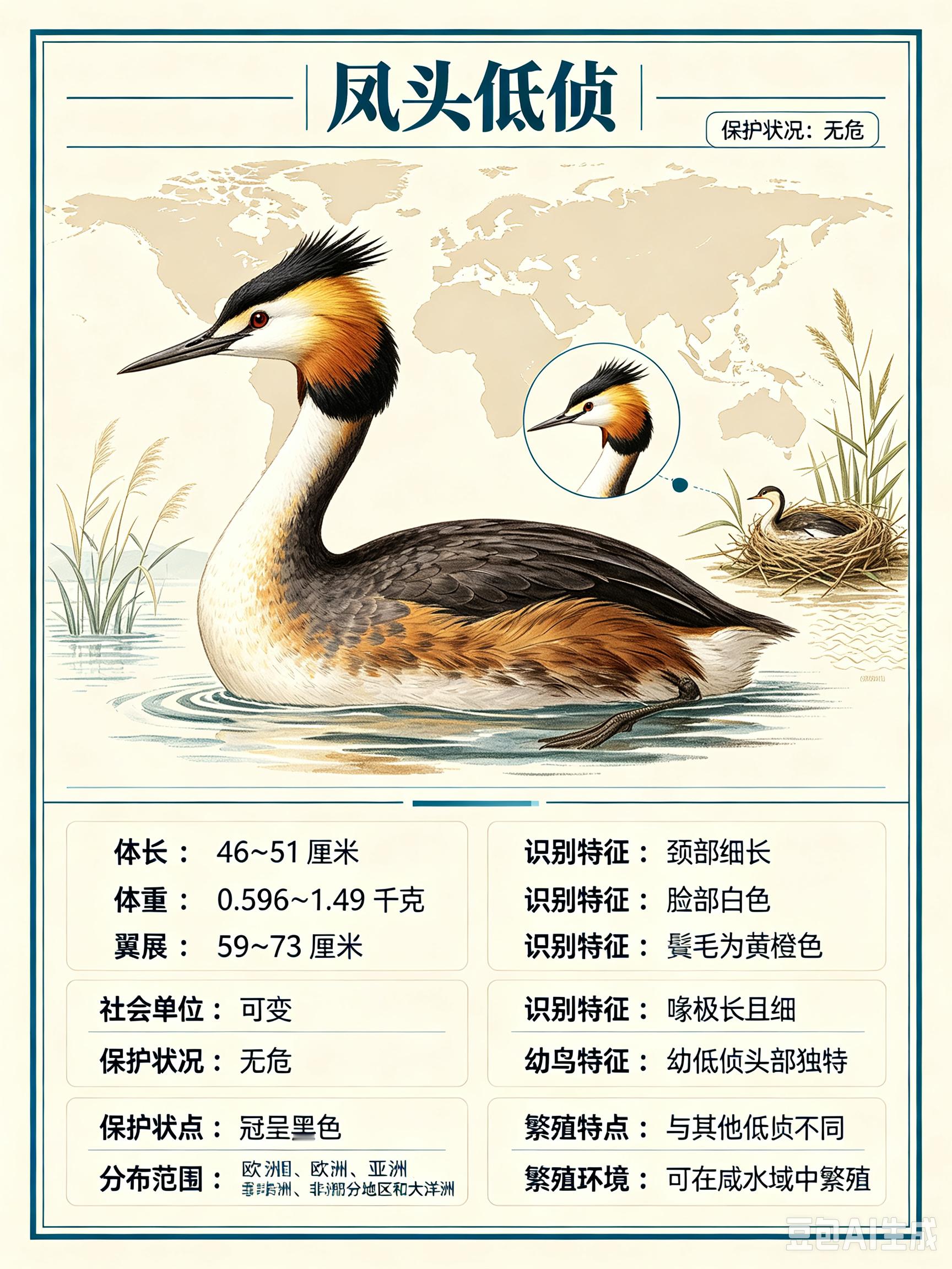 鸟类朋友图鉴凤头体长：46~51厘米体重：0.596~1.49千克翼展：5