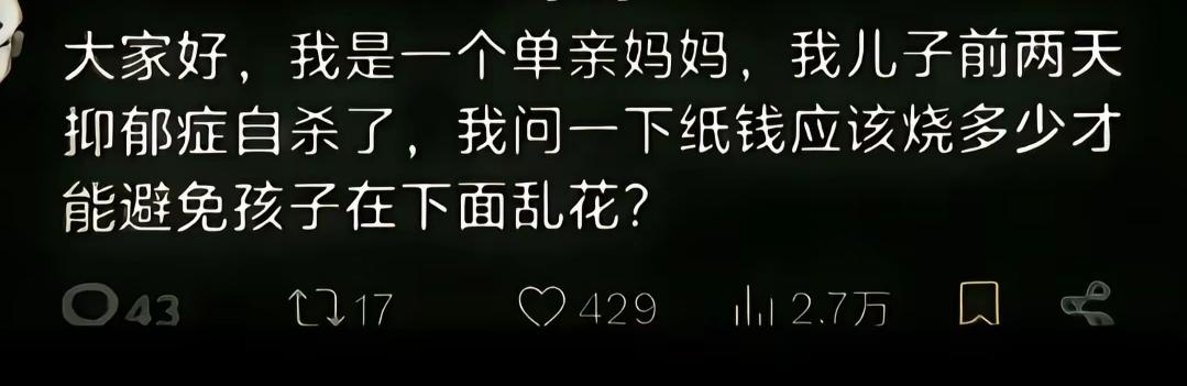 看到这个问题，感觉要窒息了一个单亲妈妈问，儿子抑郁症自杀了，纸钱要烧多少才能防