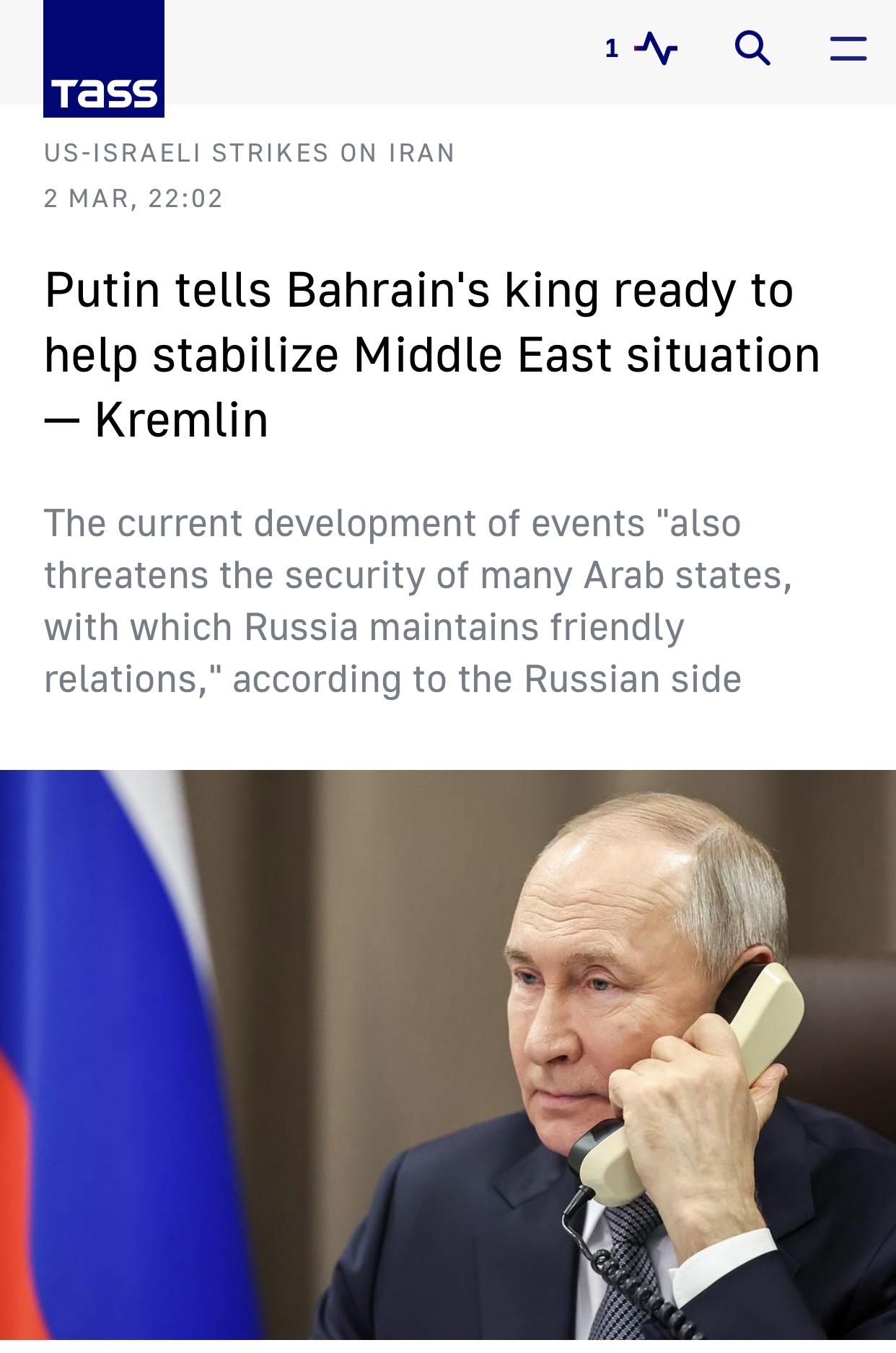 塔斯社：普京表示俄愿帮助稳定中东局势塔斯社莫斯科3月2日电：俄罗斯总统普京在