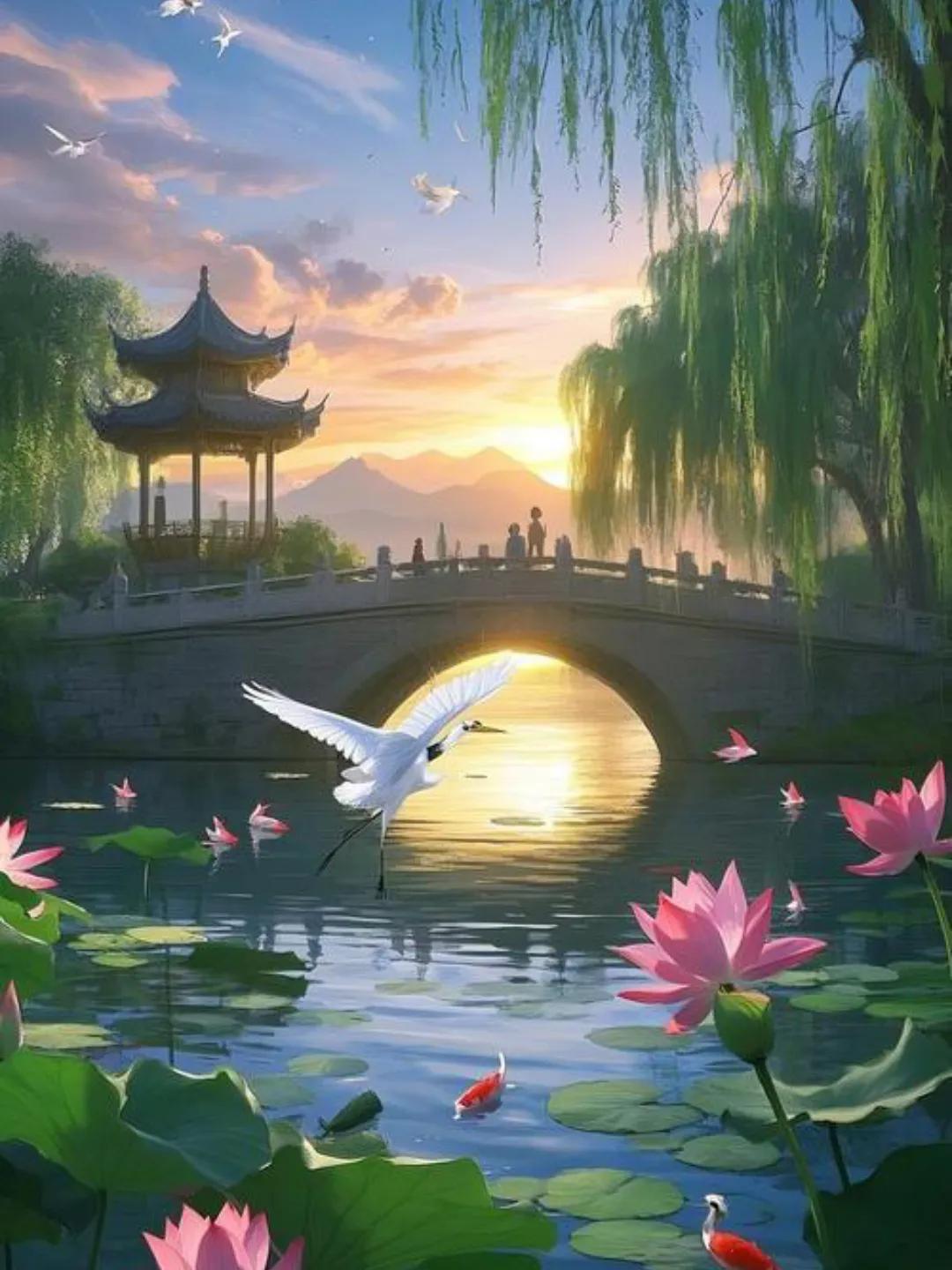 上联：夜色压垂柳；下联：曙光绘池塘。城市观查员