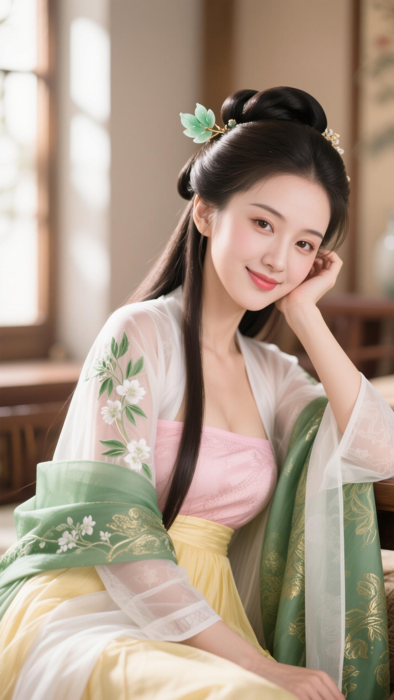 《阮郎归·闺中闲思》白纱轻覆绿罗裳，簪花凝晓光。粉黄裙裾衬春妆，眉弯笑靥