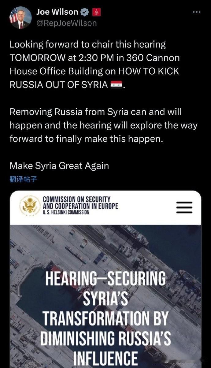 将俄罗斯清出叙利亚，让叙利亚再次伟大。美国共和党众议员乔·威尔逊表示，俄罗斯