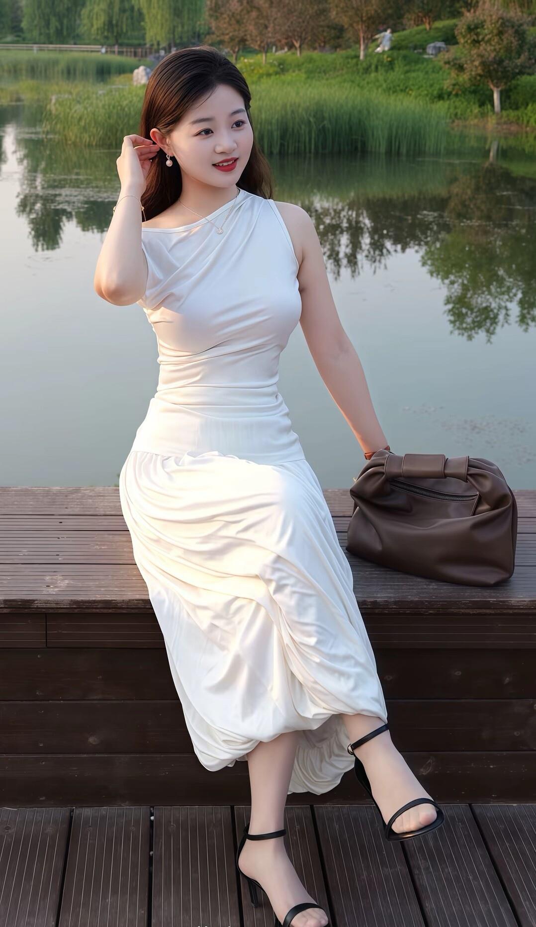 湖畔白裙美人，静坐思悠然。