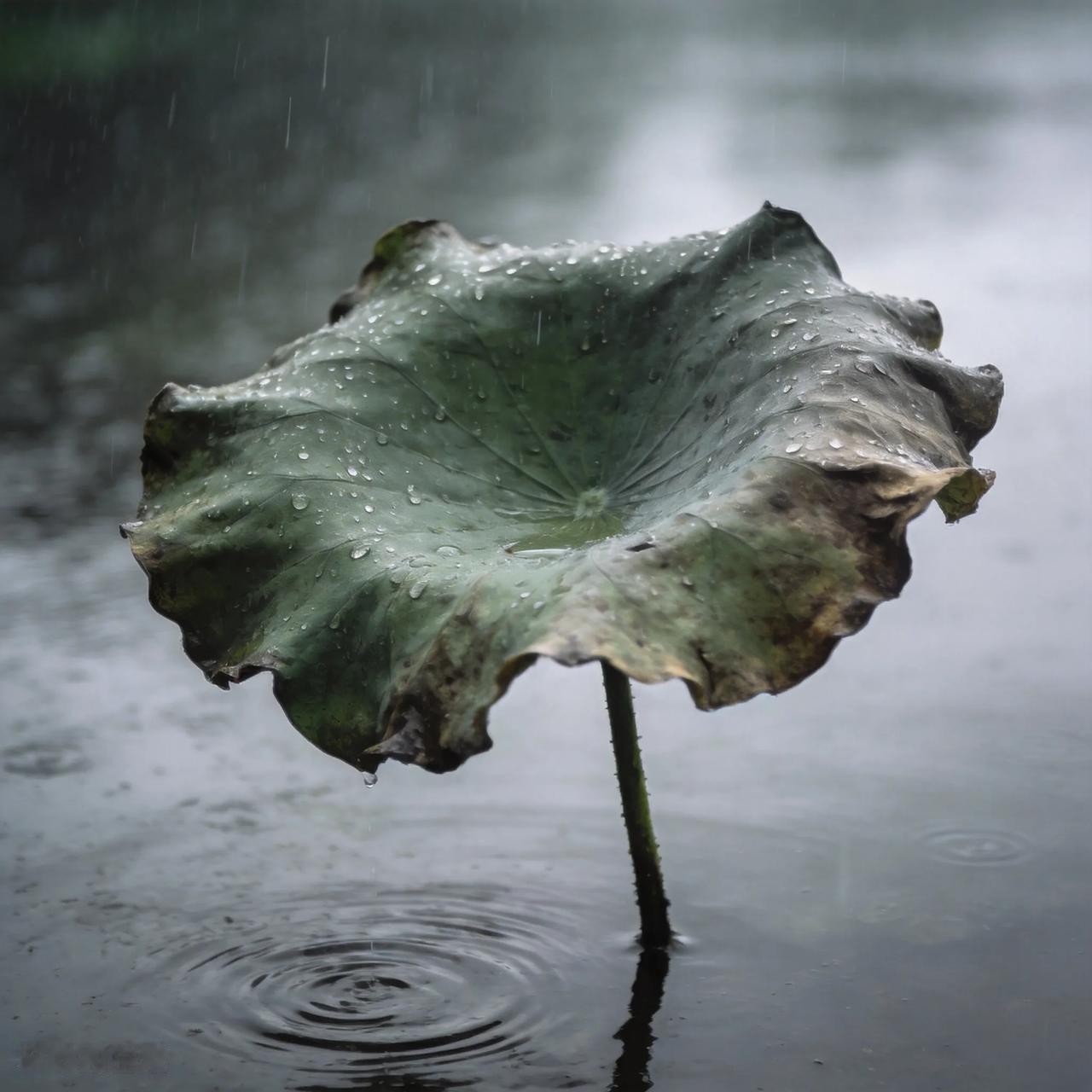 上联：枯荷听雨残枝立下联：老树经风枯叶落此下联与上联意境相契，枯荷对老树，听