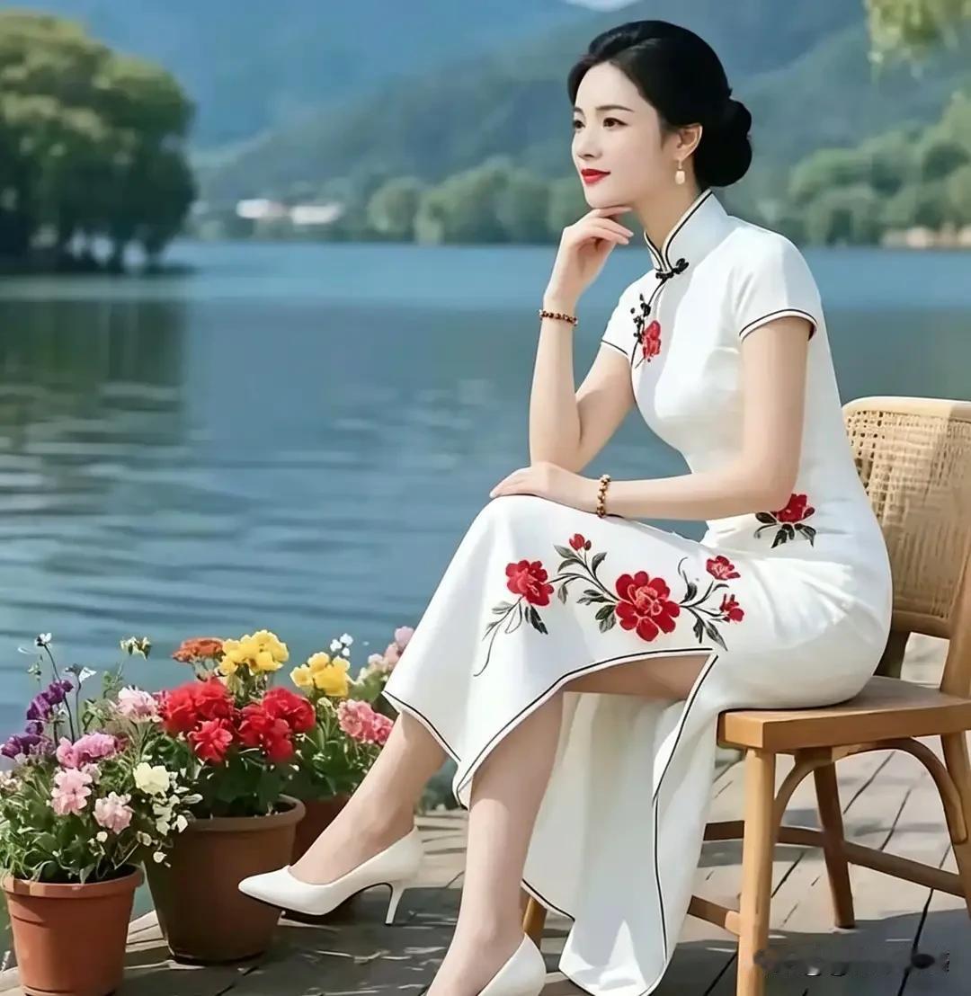 湖畔花丛中，优雅的旗袍女子沉思旗袍风景写真旗袍风景