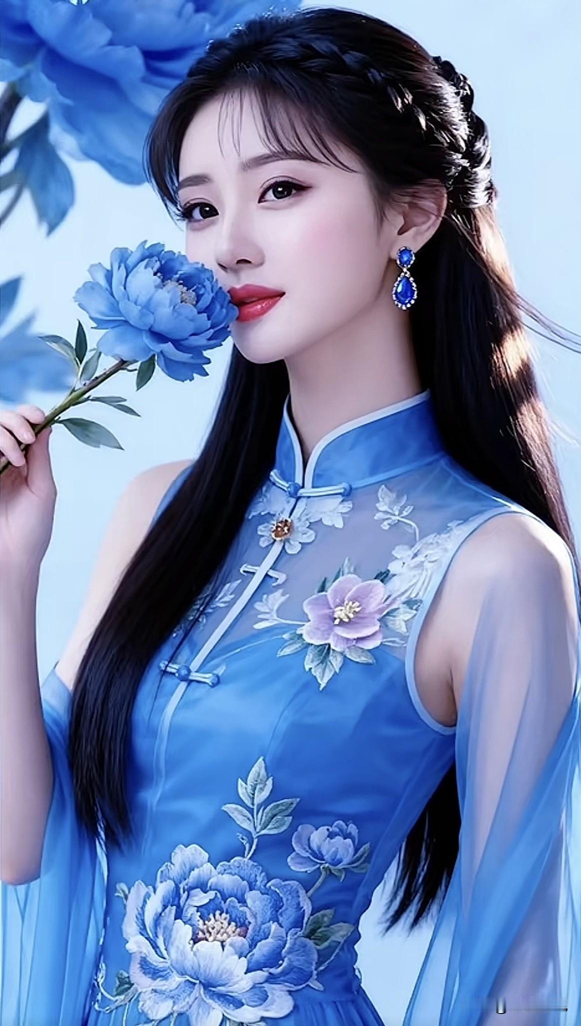 优雅蓝衣美人，手持蓝花，尽显古典韵味淡雅蓝裙照绿裙美人紫衣佳人写真绿裙美人