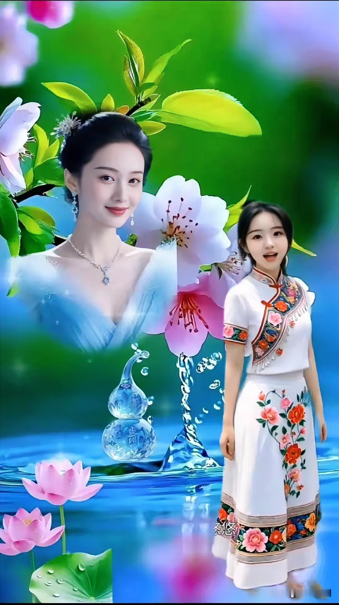 古典与现代精妙融合，花与水诗意相逢。江南烟雨美学东方古韵美学古典东方魅力东