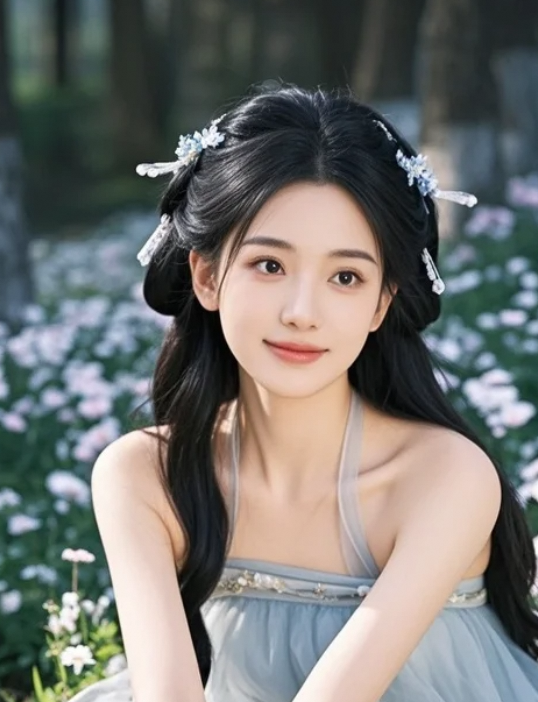穿着纱衣抹胸裙坐在花海中，她美得像从画里走出来的一样！