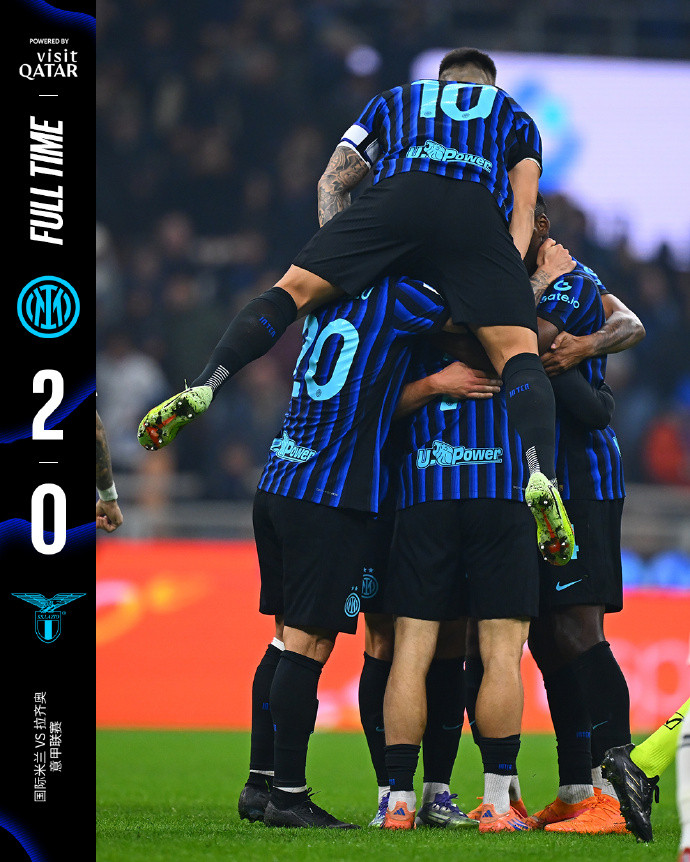 国际米兰登顶意甲榜首国际米兰2比0拉齐奥劳塔罗和博尼建功，国际米兰2