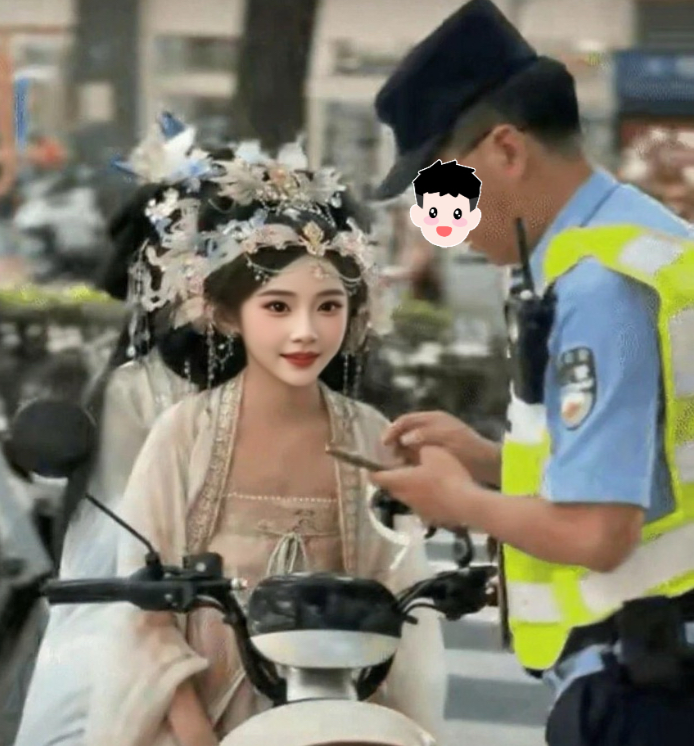路口执勤的交警拦下没戴头盔的姑娘，皱着眉问：“骑车咋不戴头盔？多危险！”姑娘