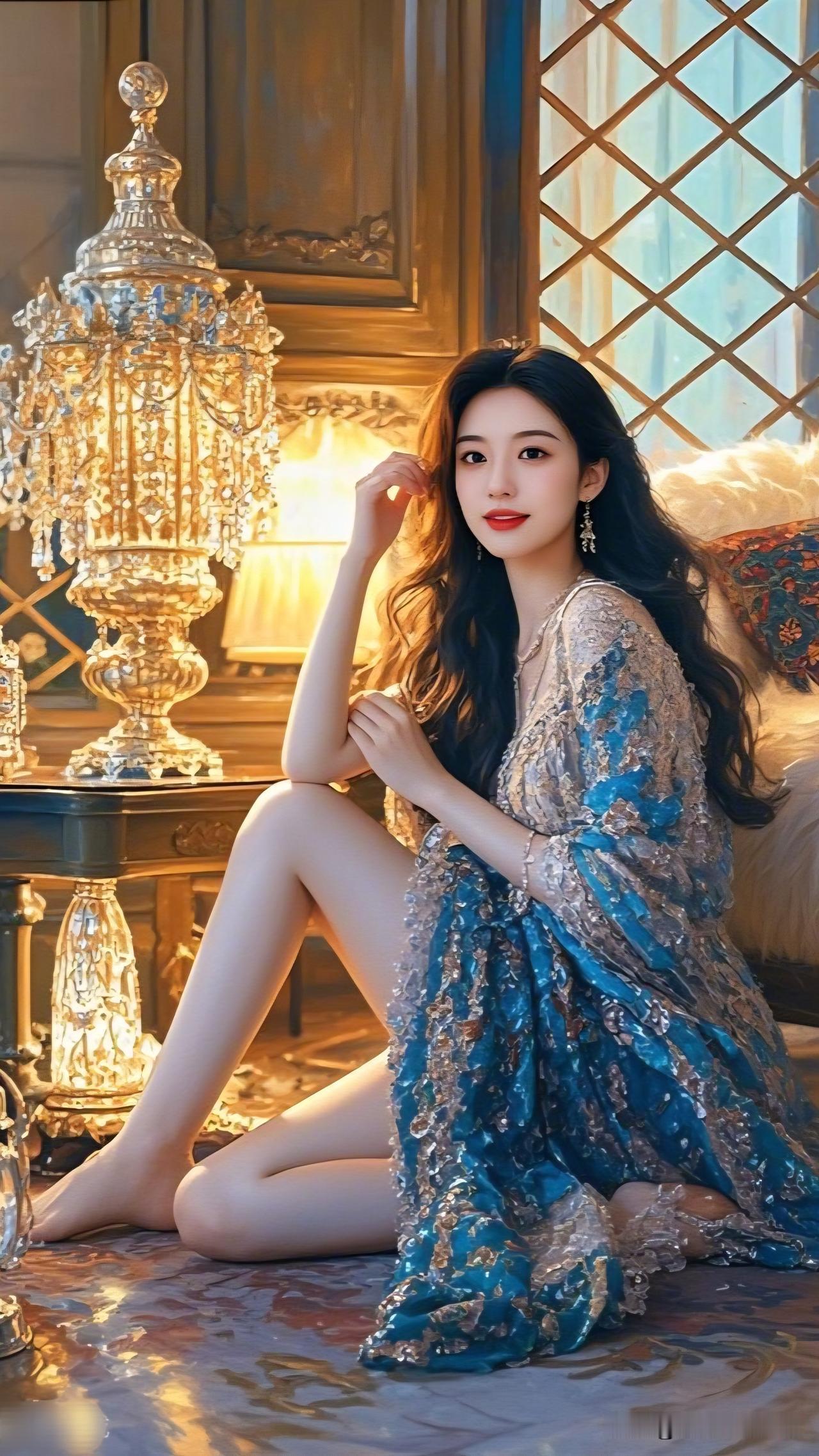 月华如练，美人如画。共享美人靓照优雅蓝裙，奢华宫廷风，美轮美奂的少女时光