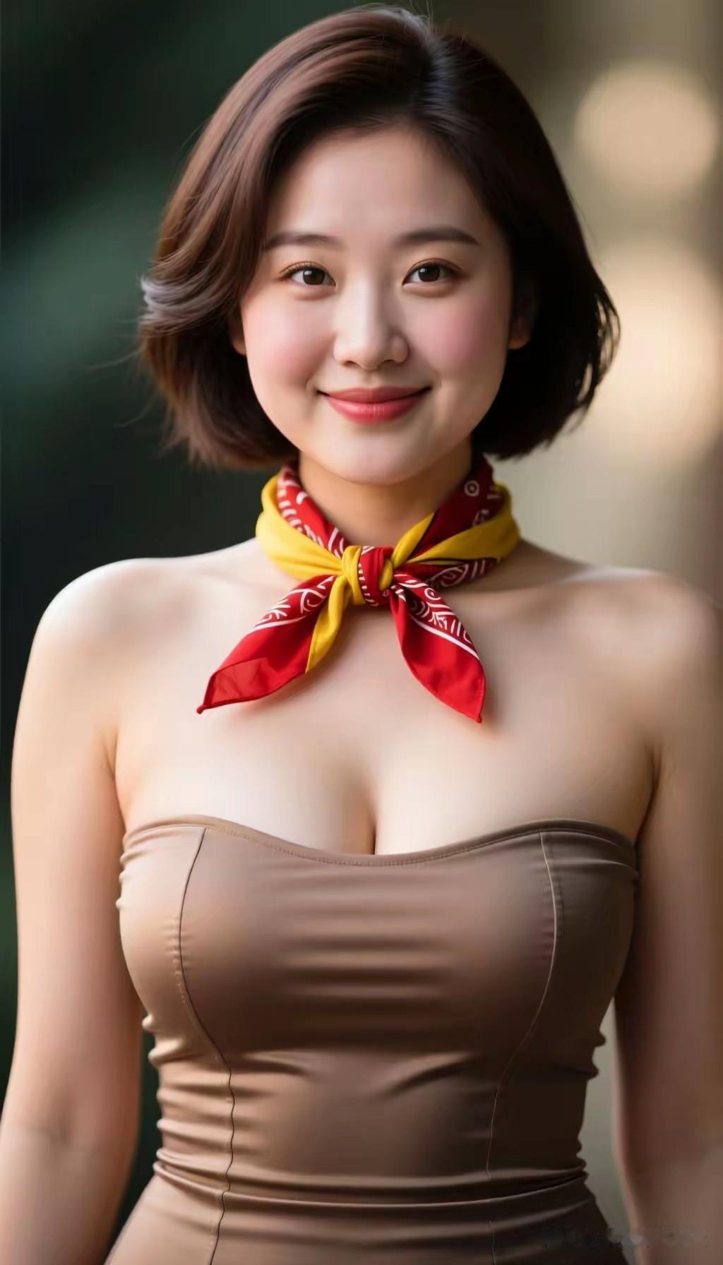 行香子·红巾短发凝柔，笑靥含春。领巾红、黄衬芳身。明眸澄润，粉靥温存。看