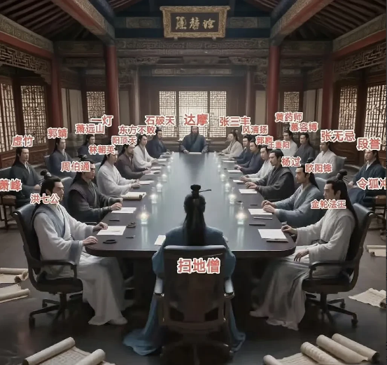 如果金庸笔下的各派武林高手齐聚一堂聚餐开会，不排资论辈，单凭武功强弱排座次，图中