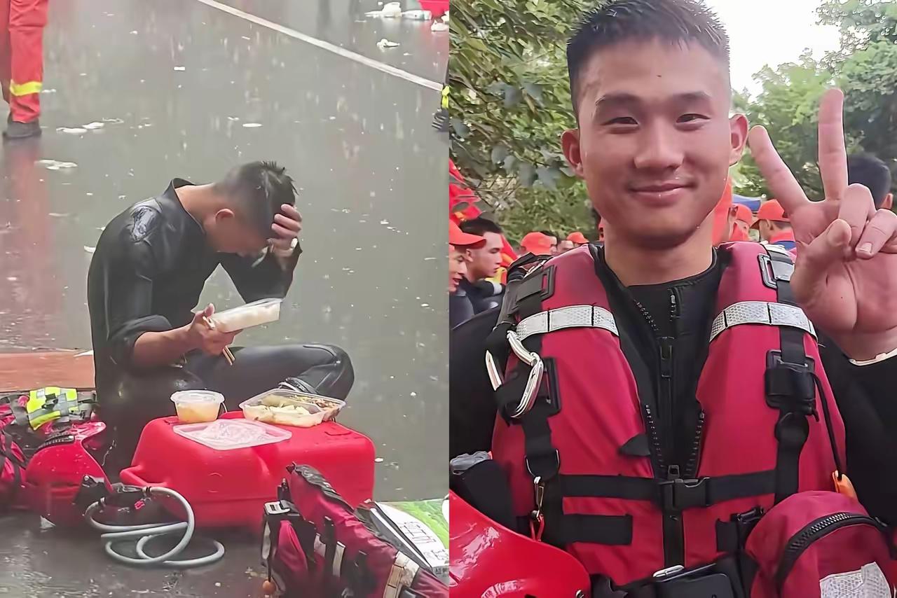 那个火遍全网的“泡饭哥”找到了，7月9日，一名消防员坐在雨中吃饭的视频火遍全网，