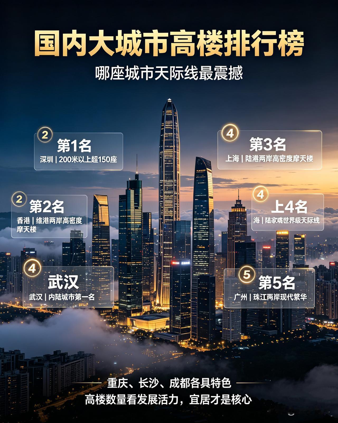国内大城市高楼排行榜！看看哪座城市天际线最震撼一座座摩天高楼，是城市经济实