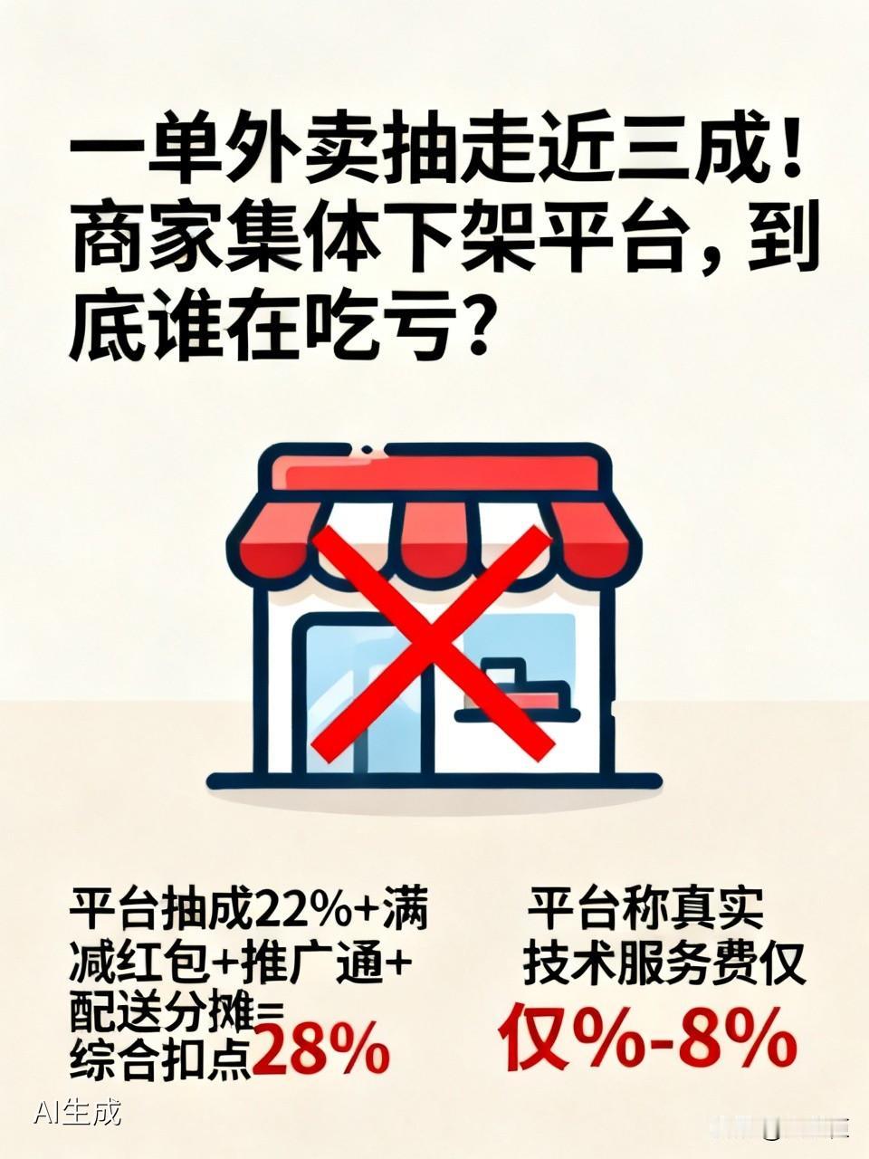 一单外卖抽走近三成！商家集体下架平台，到底谁在吃亏？多地餐饮老板集体下架外