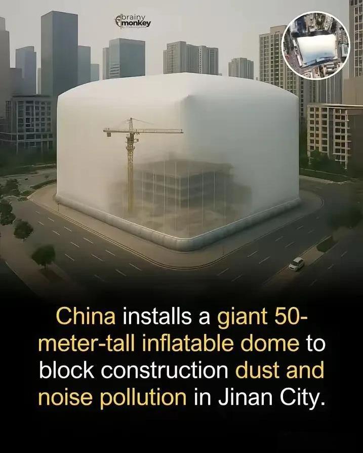 外媒报道我们国内建筑施工的环保措施，翻译过来大体的意思是:中国在济南市安装了一个