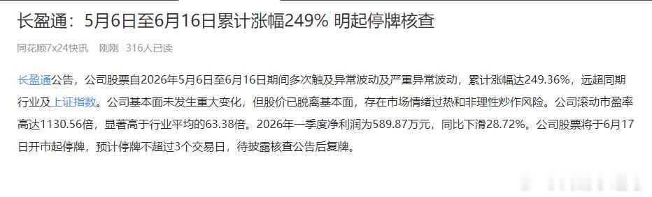 长盈通涨怕了，自己停牌检查。