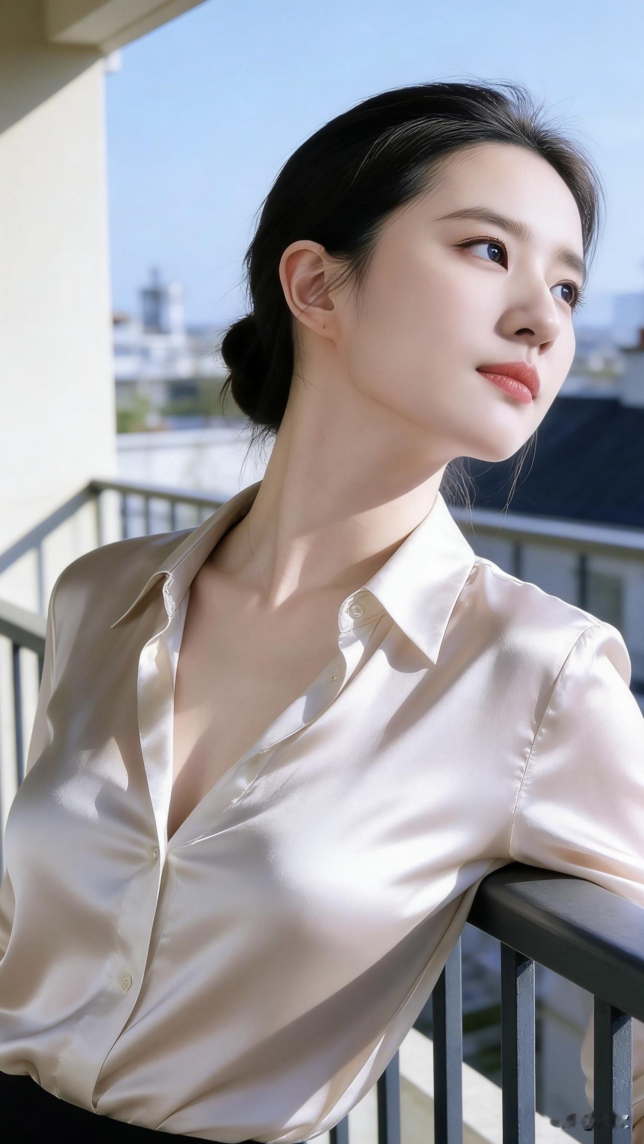 香槟色真丝衬衫泛着柔和的珠光，她斜倚在阳台栏杆上，目光越过城市屋顶落在远处的天际