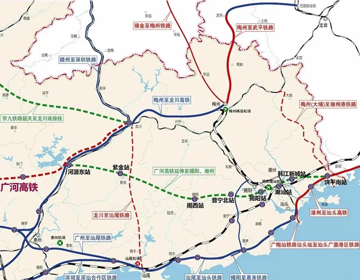 广东省东部高铁建设取得了重大成就。现已建成运营的线路和高铁站有：梅汕高铁：梅