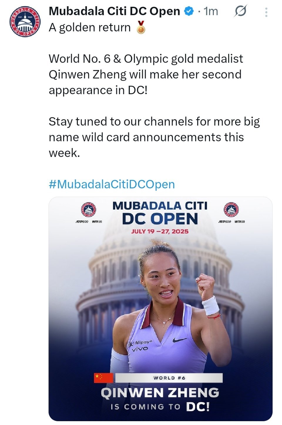 华盛顿站官宣郑钦文出战这项WTA500级别赛事将在7月21日-27日期间
