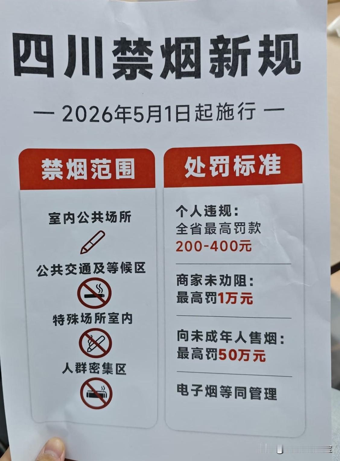 2026年5月1日起，四川实行禁烟包括列出了以下公共场合不能吸烟，以及违反规定