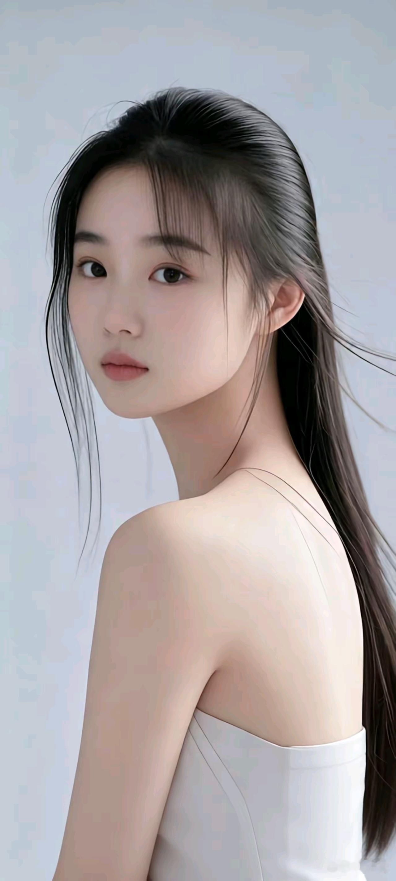 素影清颜素境无尘映玉颜，青丝垂落半盘鬟。眸藏秋水清波静，肩覆春霜雪色寒。侧