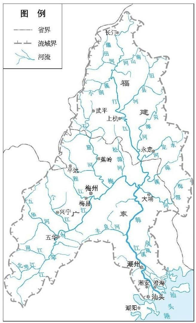 广东大埔县罕见的“十字型”江河交汇。大埔县三河坝，梅江、汀江交汇成韩江，东面还有