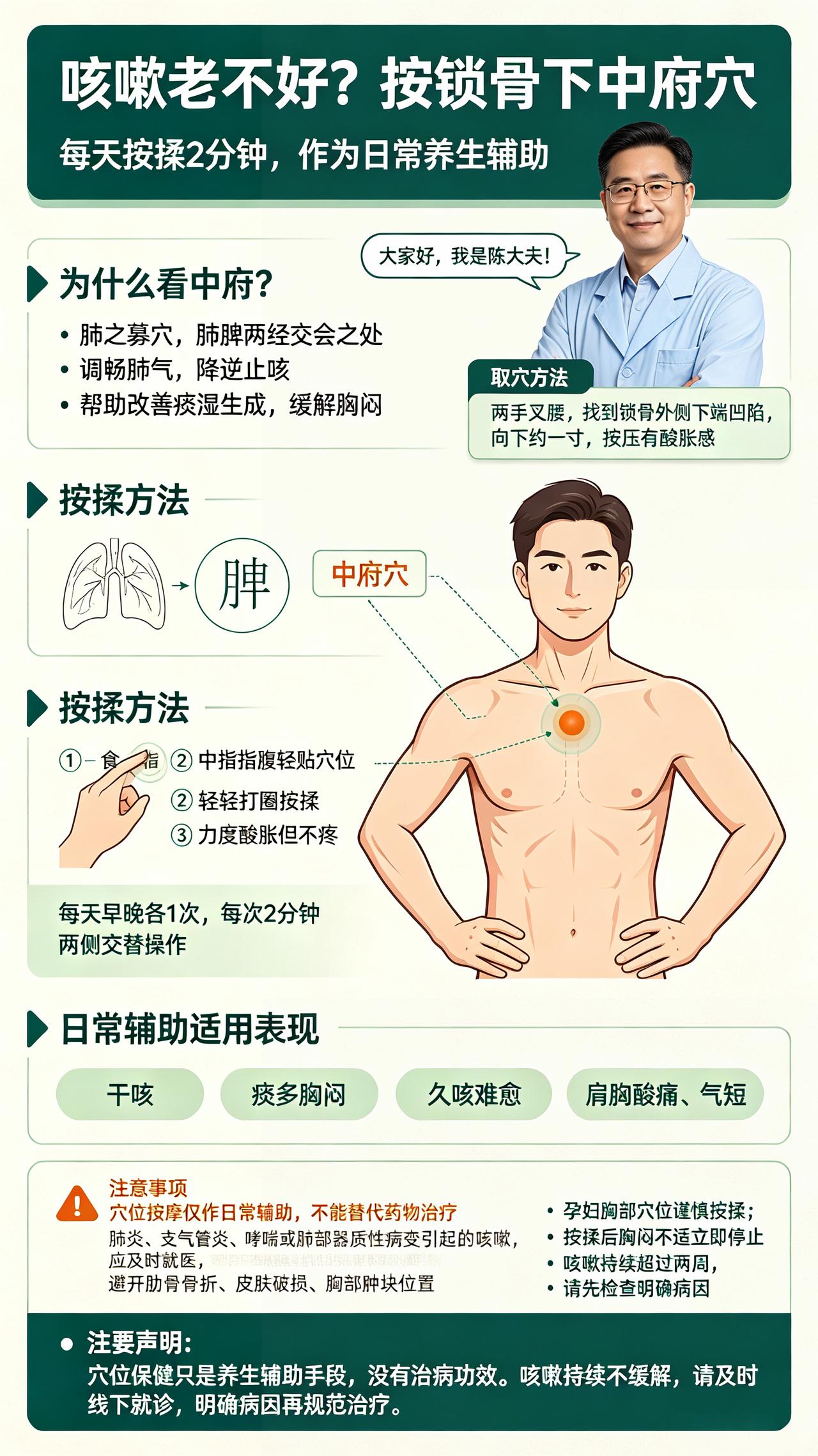 咳嗽老不好？锁骨下“中府穴”，每天按2分钟大家好，我是陈大夫！很多人咳