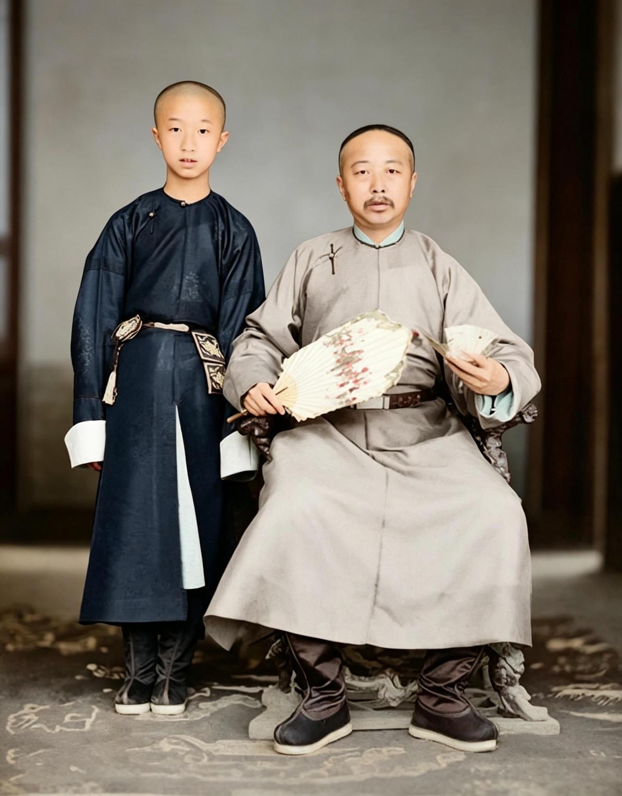 这是一张晚清的老照片，泛黄相纸之上，醇亲王端坐着，手持羽毛扇；身侧侍立着一个十岁
