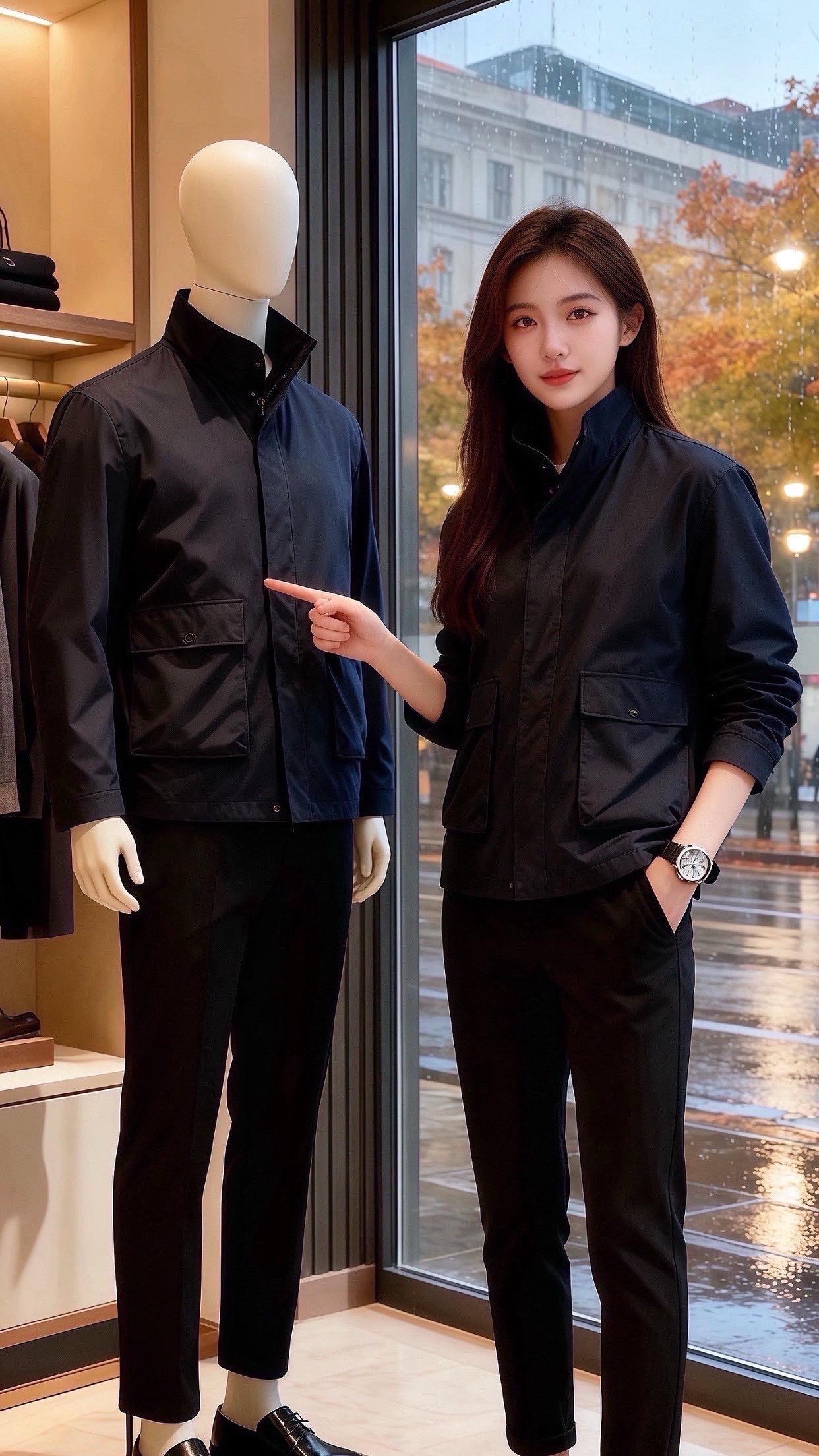秋雨裹着梧桐叶打湿橱窗时，苏念正倚在男装店的衣架旁，指尖掠过一排西装领...