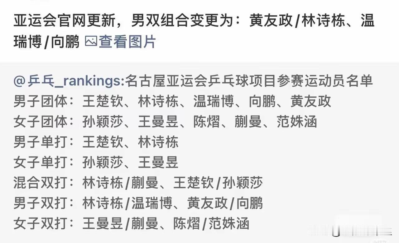 咋回事，比赛马上开始了，名单还能换吗？发现了吗？亚运会名单换了，林诗栋的双打