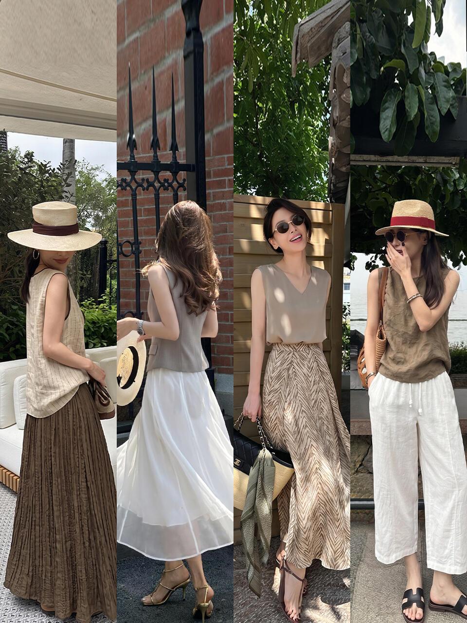 跟着街拍时髦一整夏！从慵懒针织到飘逸长裙，草帽、墨镜、编织包成点睛之笔。大地色