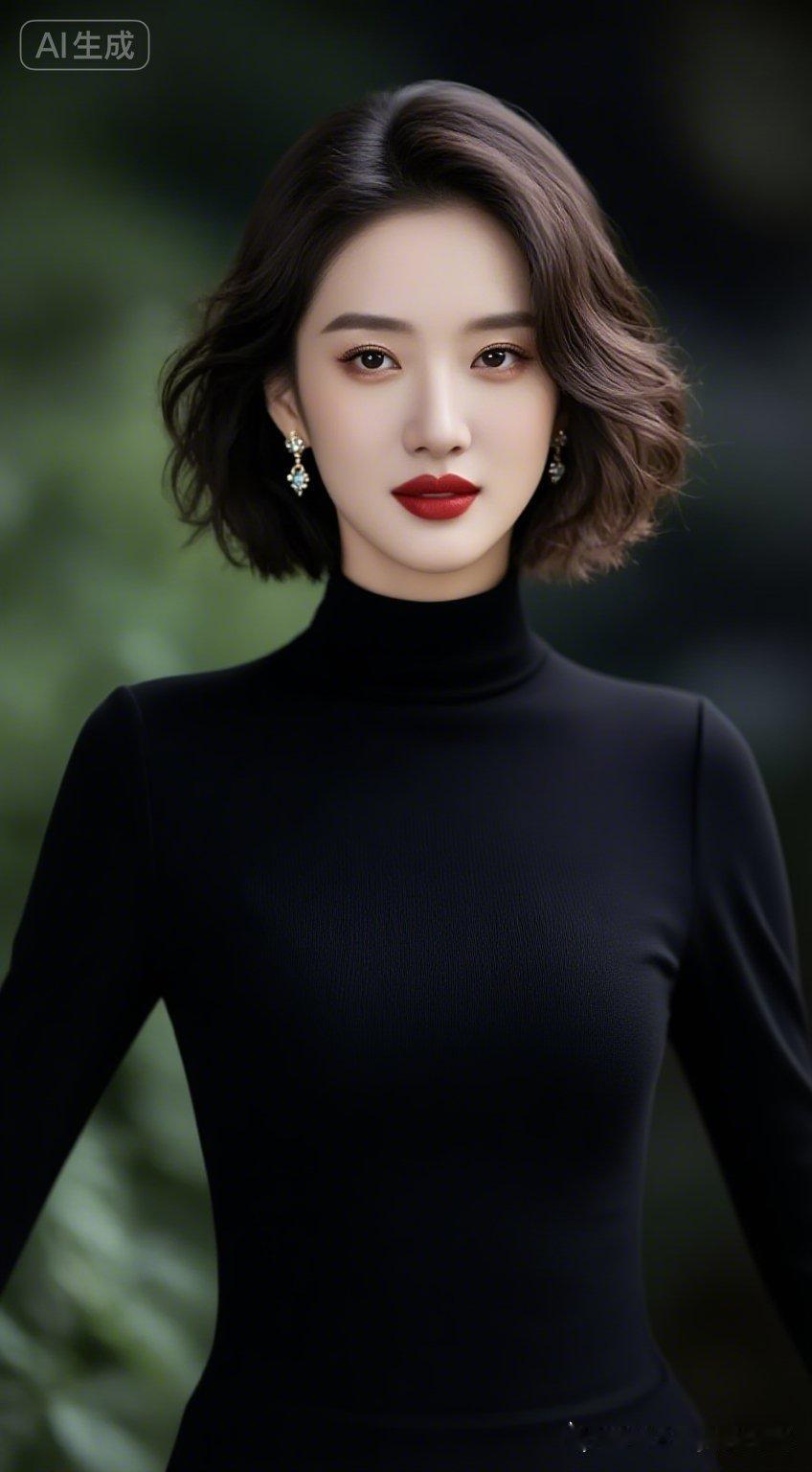 优雅黑衣女郎，红唇与耳环相映成辉，尽显时尚魅力！💄✨
