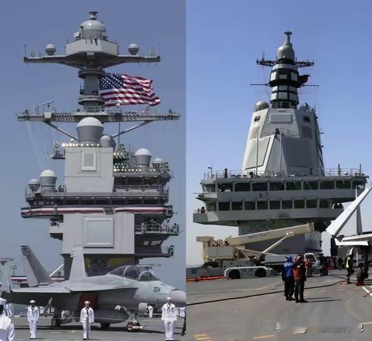 中国福建舰的舰岛看上去，简洁、明亮、大气、集高科技于一身，颜色搭配也好看。美国