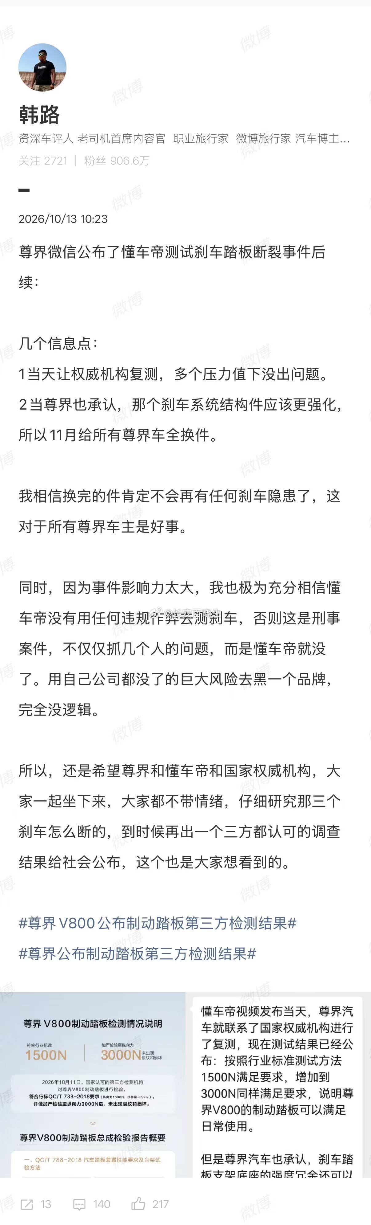 【韩路谈尊界V800制动踏板检测结果】2026年10月11日，国家认可的第三方检