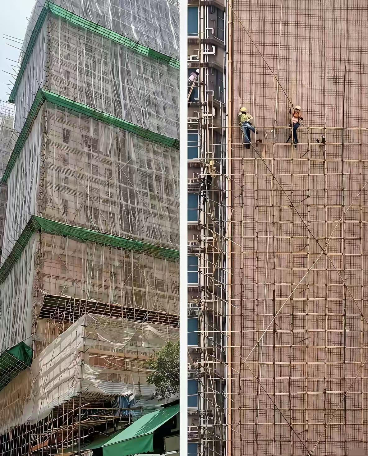 香港竹棚：留还是走，是个问题。这个竹子脚手架的人工费贵很多，因为效率很低，内地脚
