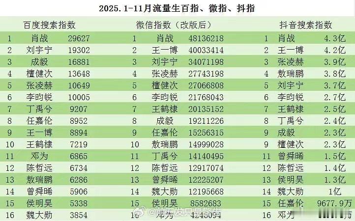 2025年1-11月流量生百指，微指和抖指汇总（永远的第一名）