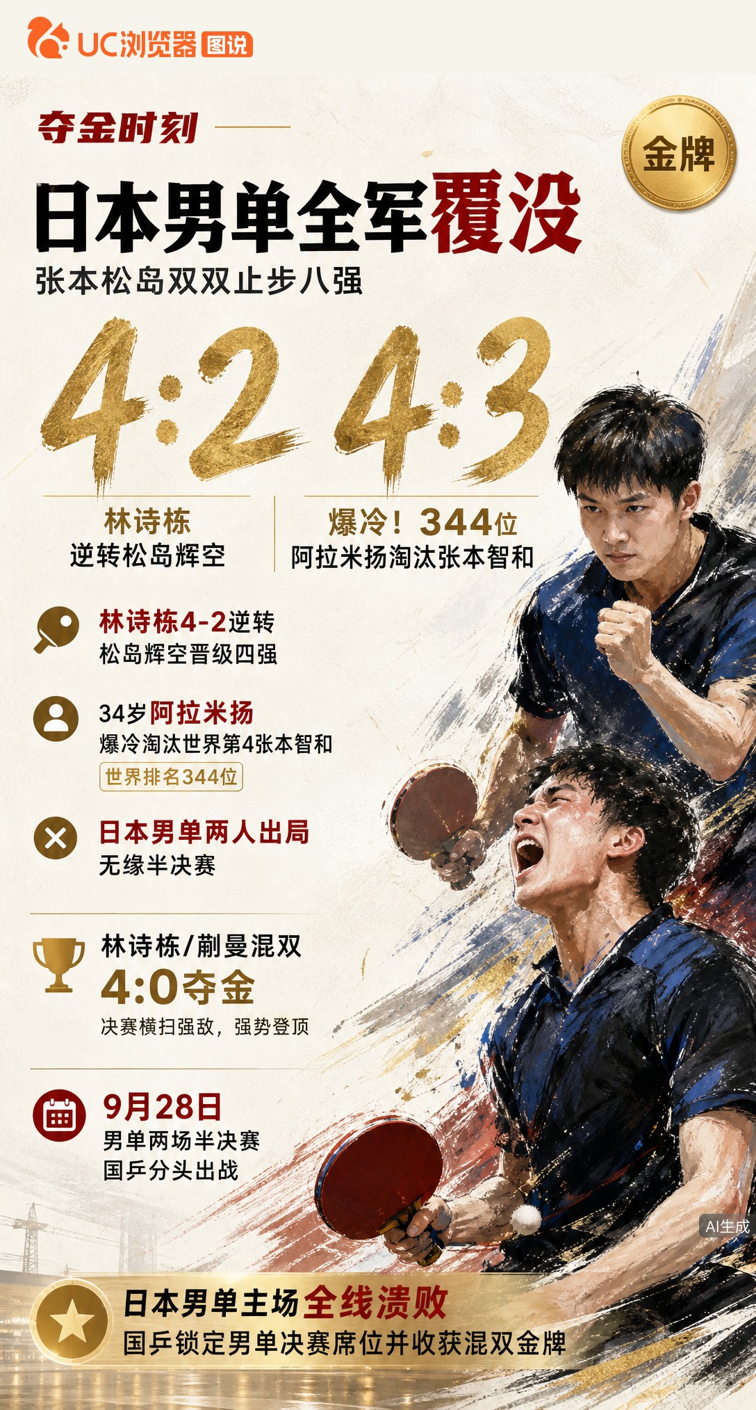 名古屋亚运混双金牌到手！林诗栋/蒯曼4-0横扫夺冠。男单赛场张本智和爆冷出局，日本男单全军覆没，国乒
