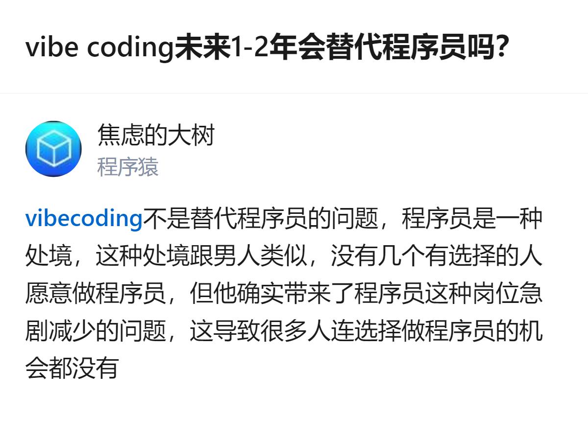 vibecoding未来一两年大概率会挤掉程序员的入门岗，不是替代资深开发者，