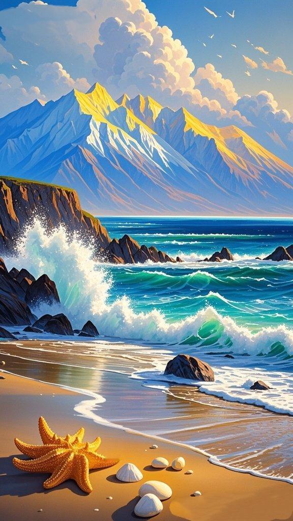 山海共朝暮海浪卷着碎金般的光撞向礁石，咸腥的海风漫过耳畔，抬眼是雪山刺破云