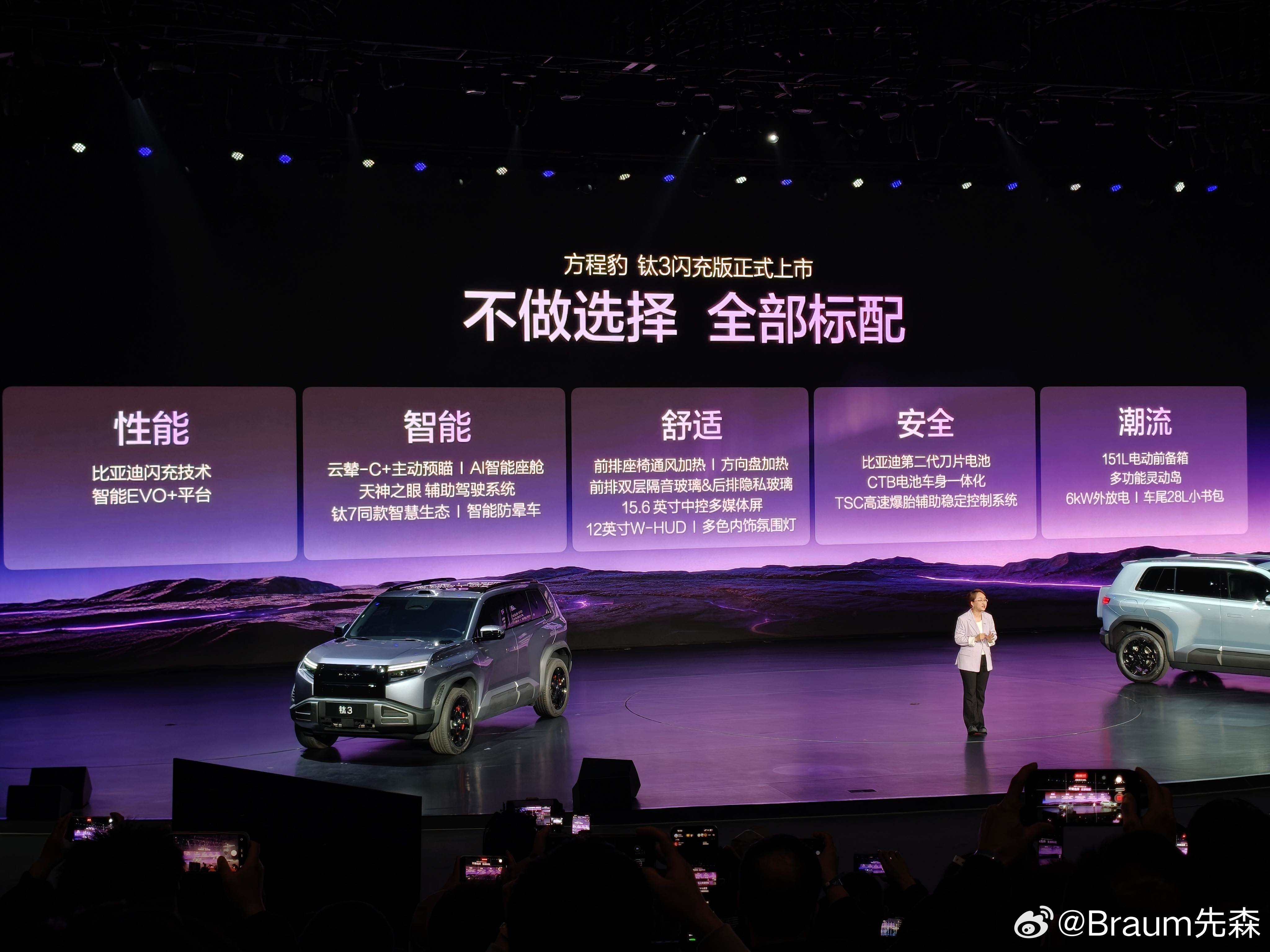 方程豹钛3闪充版正式发布，定位A级纯电SUV。620KM后驱闪充版，售价15.3