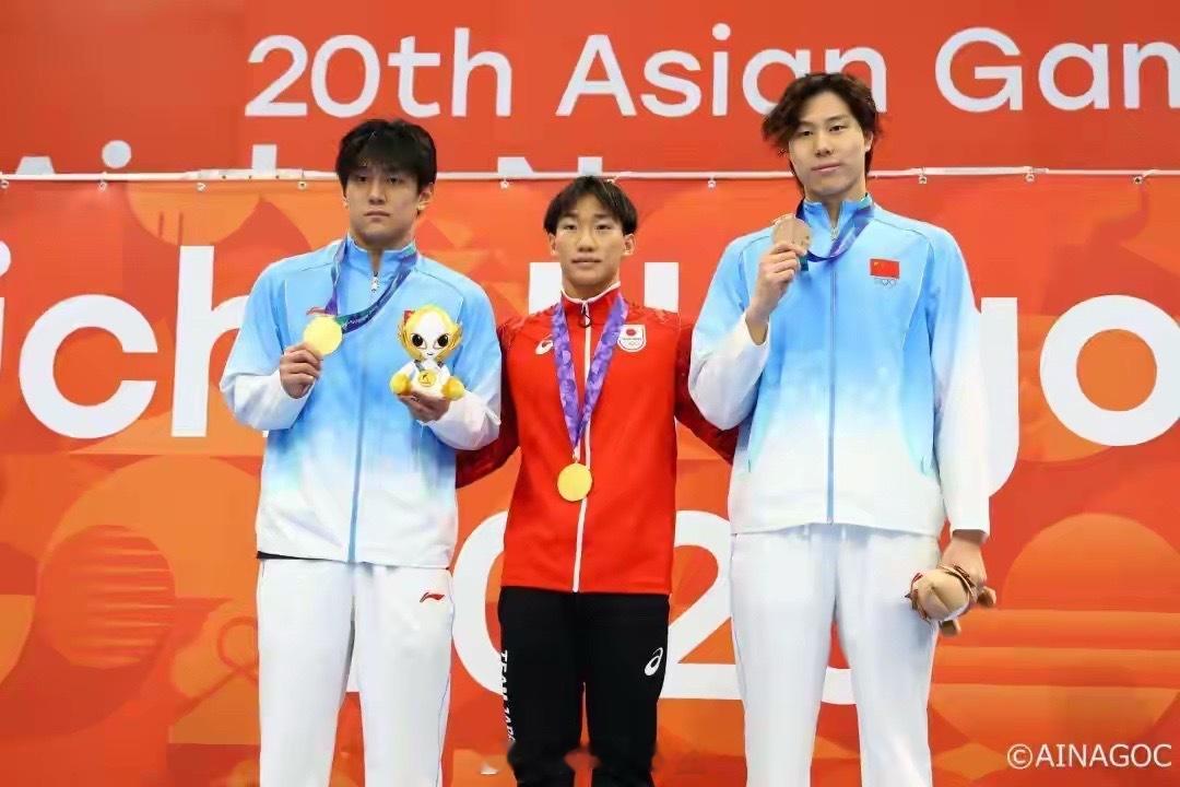 名古屋亚运会男子100米蛙泳，覃海洋59秒01摘铜，今年最好成绩仍难掩状态下滑。