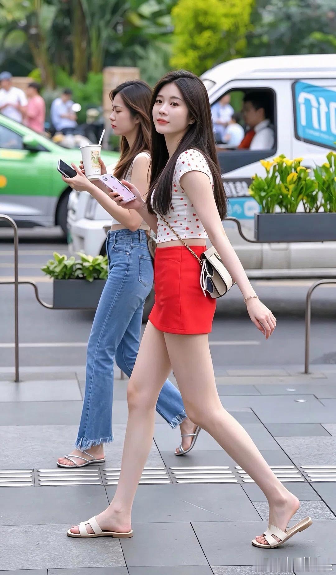 《炎炎夏日的城市街头，红裙搭配波点小上衣，色彩明快又吸睛。约上闺蜜逛街漫步，简简单单，就把夏日的青春