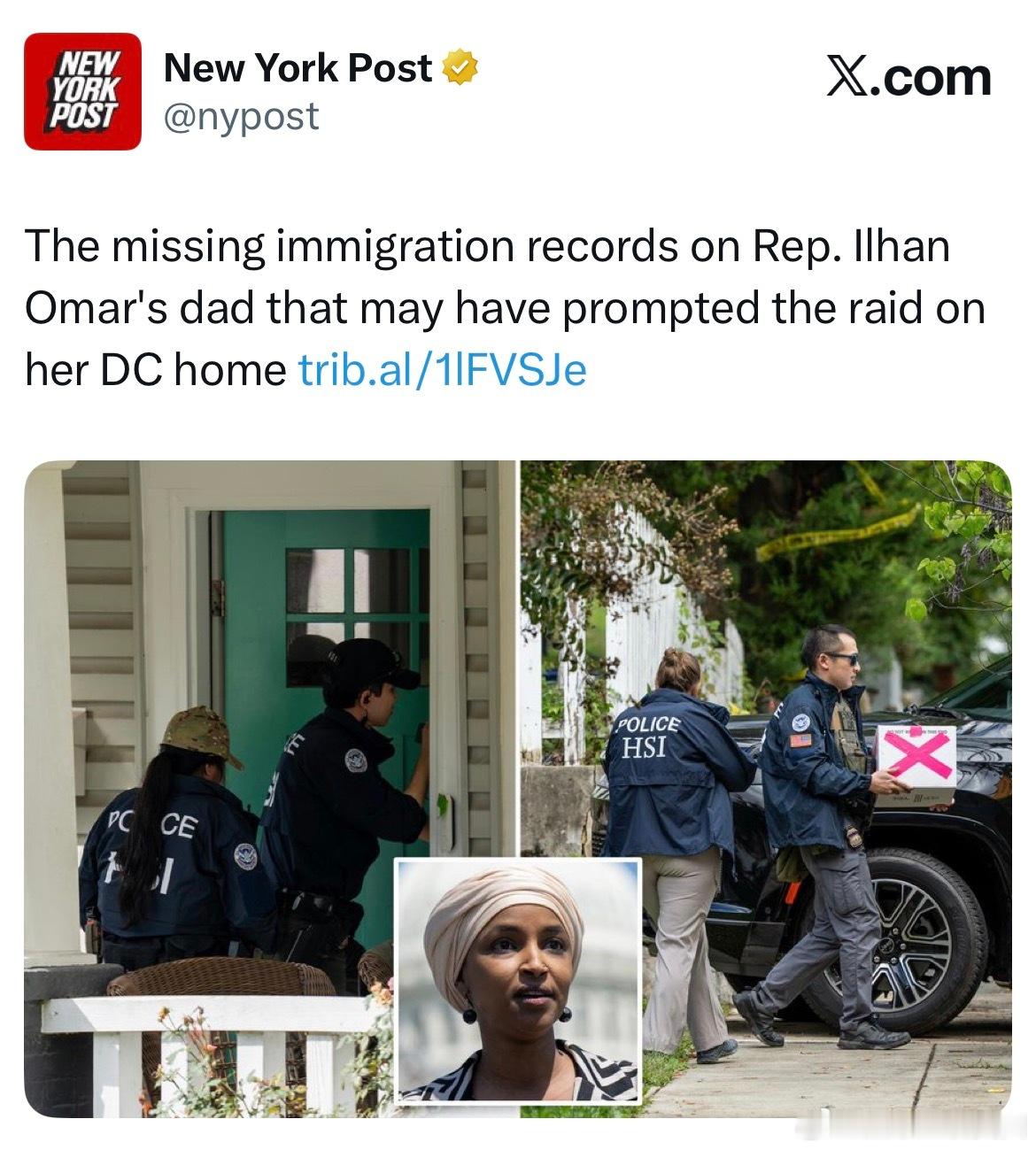 搜查奥玛尔家的理由据说是她父亲当年移民美国时没有移民记录，也就是说，她全家移民美国都可能是伪造的。由