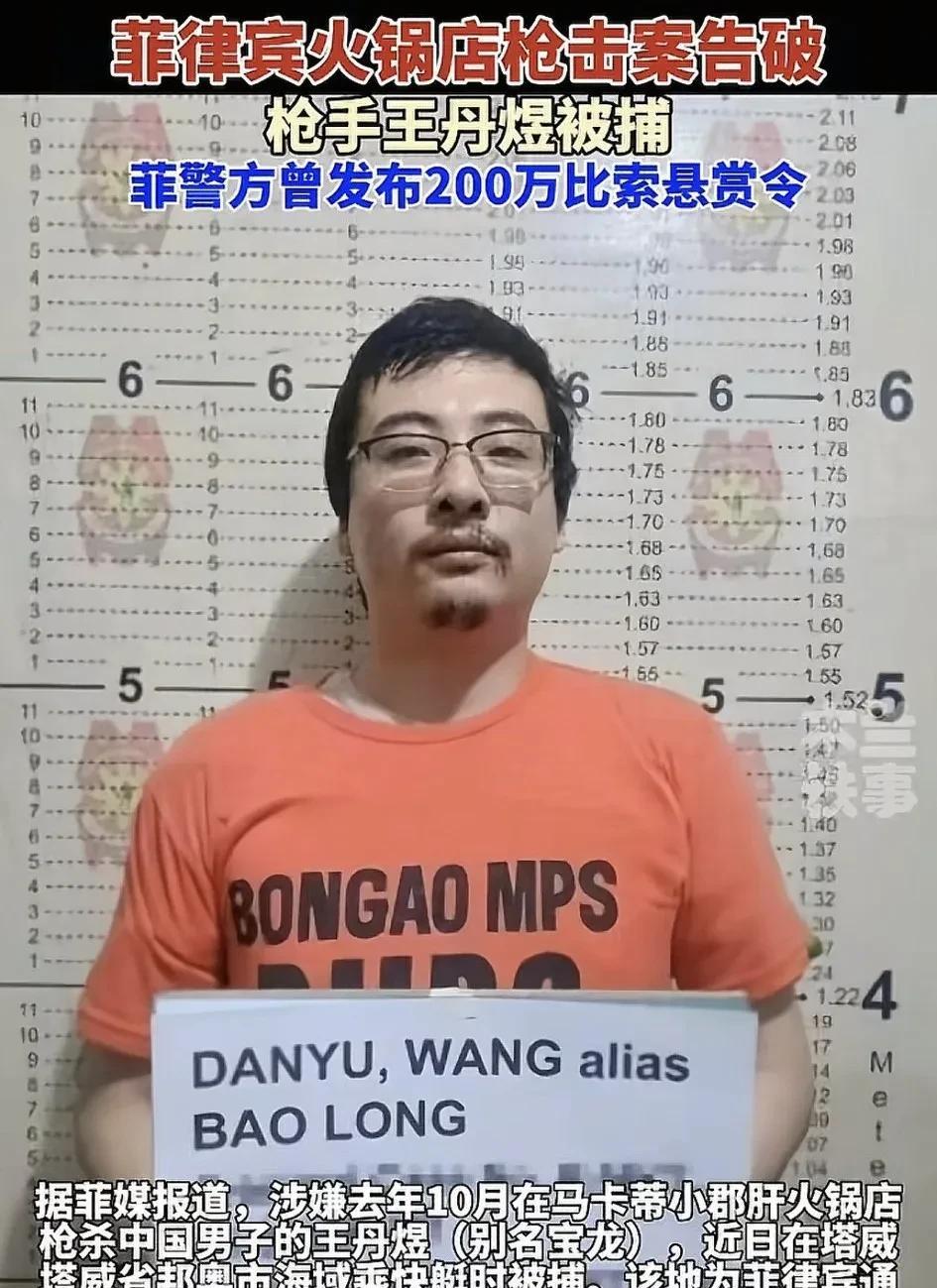 抓到了，去年在菲律宾枪杀中国男子的王丹煜被抓到了，当时枪杀现场的监控传到网上，引