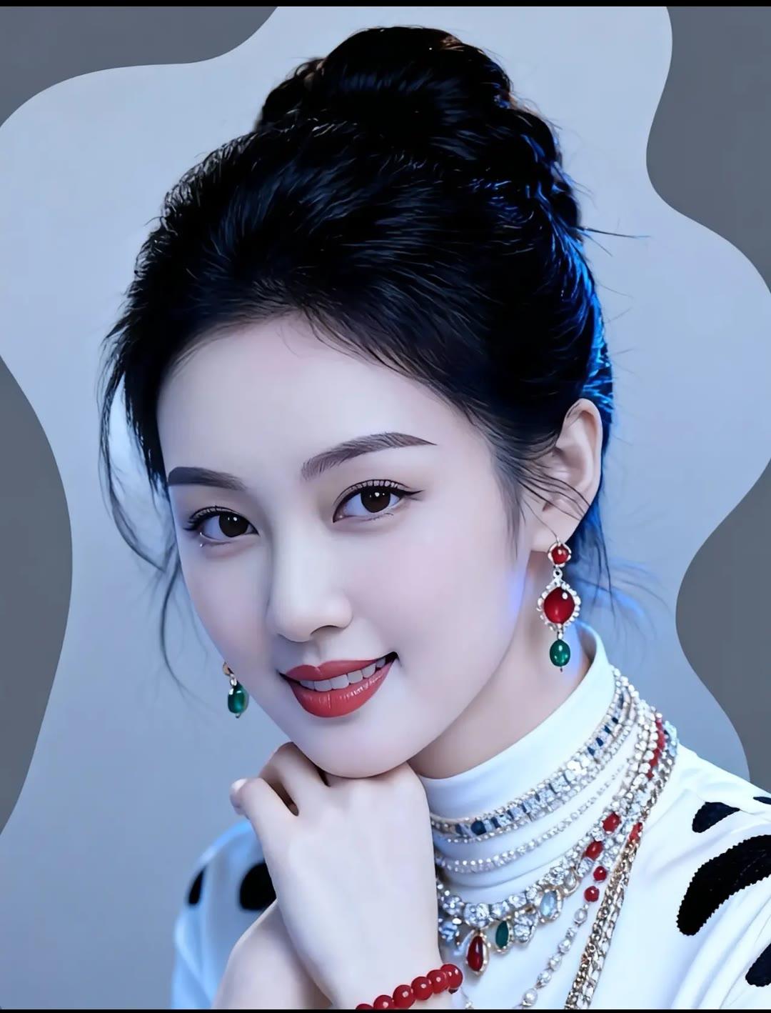 优雅黑发美人，红唇绿宝石，时尚奢华项链，气质满分！💎✨