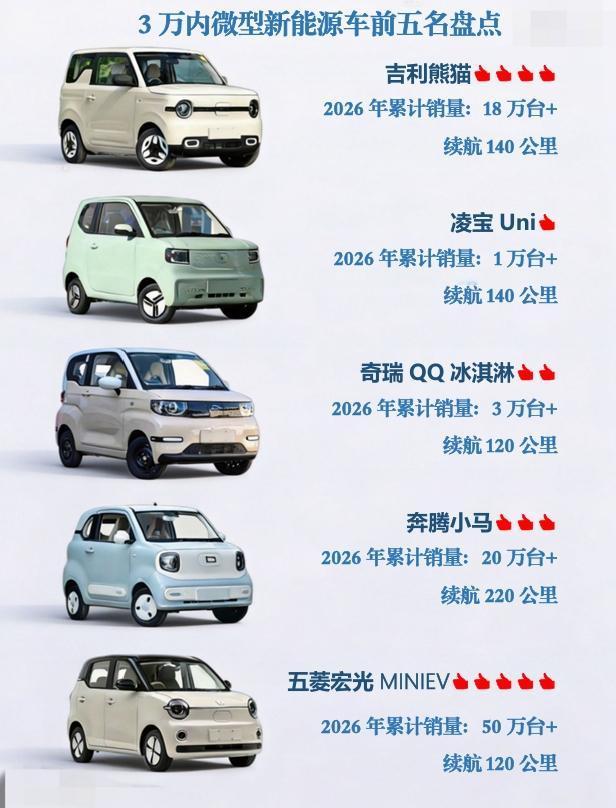 买菜接娃专用！3万内微型新能源车前五名盘点：如今，三万块以内的纯电代步小车，满